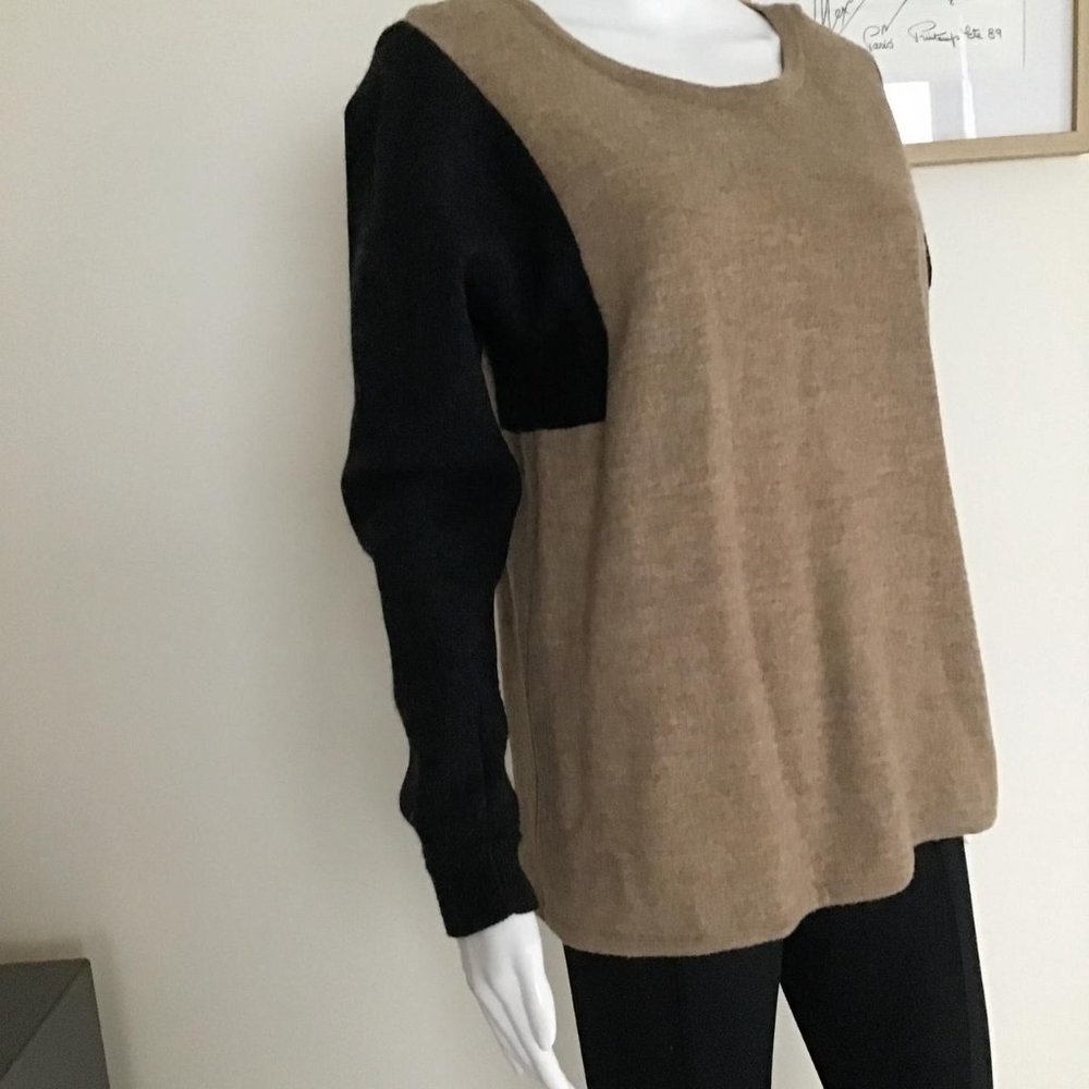 Saba pure thick wool colour-blocking camel & slate-grey sweater /Size L - Picture 7 of 8
